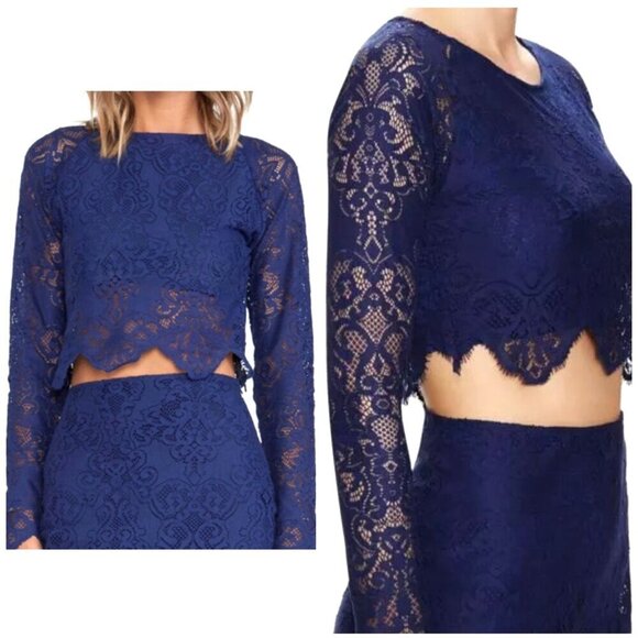 For Love & Lemons Shirt Women XS Blue Long Sleeve Midnight Lace Crop Top Sexy - Picture 1 of 11